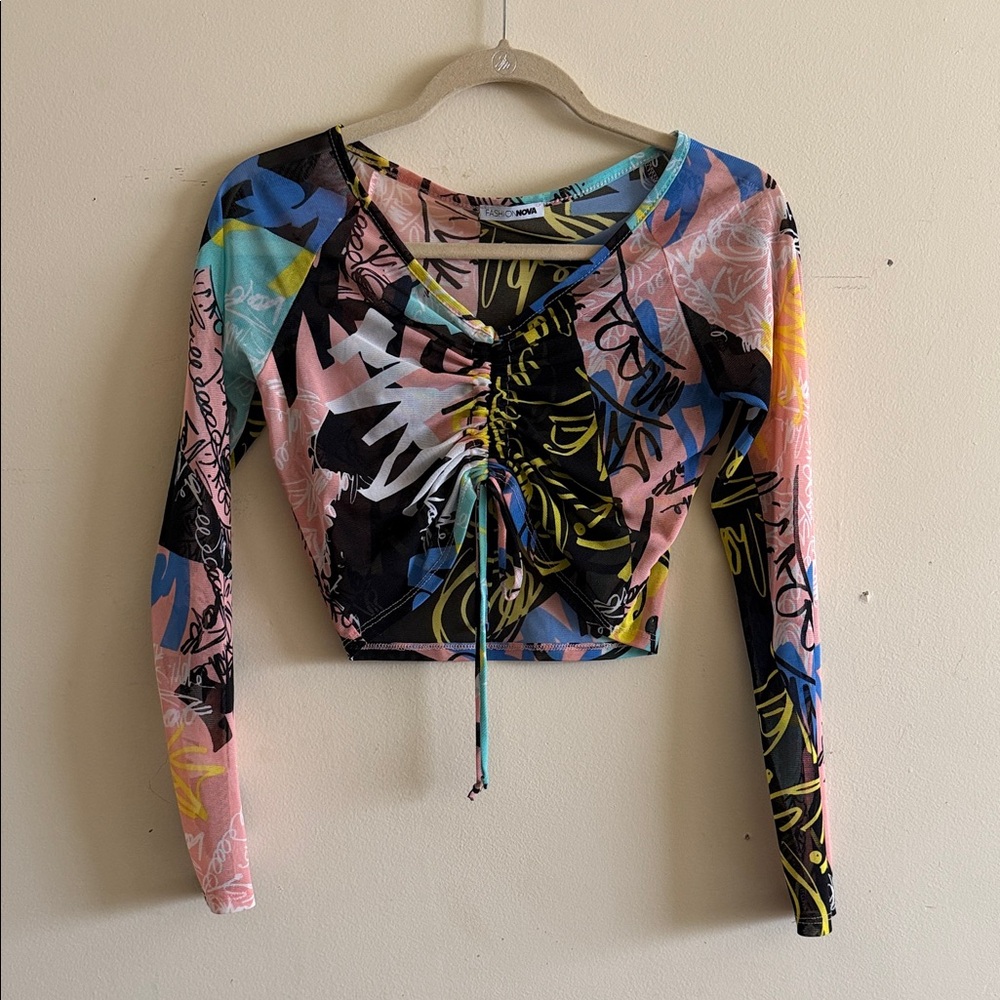 Fashion Nova Multicolor Graffiti Ruched Long Sleeve Crop Top